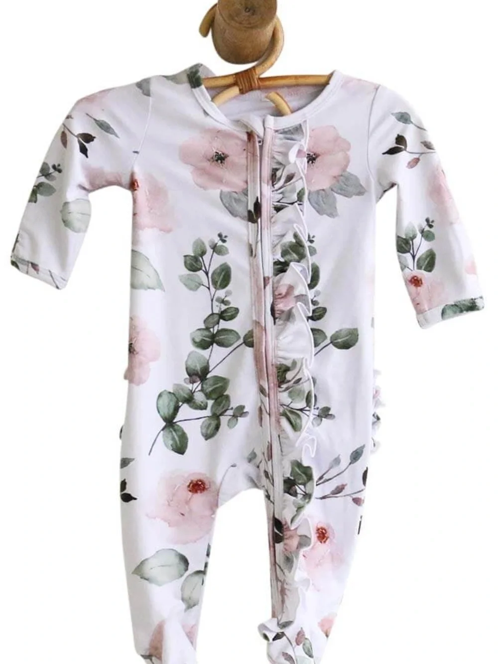 Caden Lane White Floral Ruffle Footed One-Piece with Headband